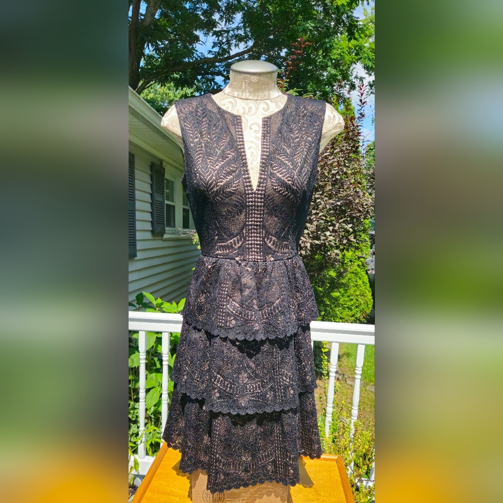 BCBG Max Azria Scarlett Tiered Eyelet Dress Lace Black Nude Lining V-neck 6